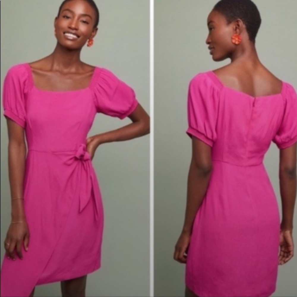 ANTHROPOLOGIE MAEVE DRESS SIZE 12 FUSCHIA FAUX WRAP SHORT SLEEVE $148